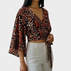 ASTR V-Neck Wrap Tie Bell Sleeve Crop Crepe Blouse - Excellent Cond - Med Women